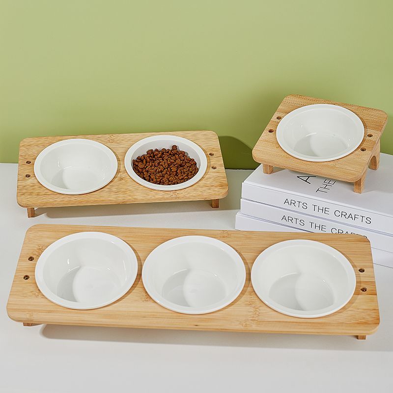 Wholesale Ceramic Pet Bowl Cat Bowls Feeder With Bamboo Stand