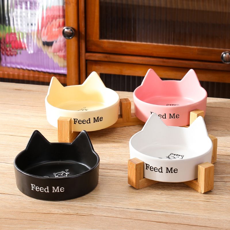 Wholesale Ceramic Pet Cat Ear Bowls Feeder With Bamboo Holder