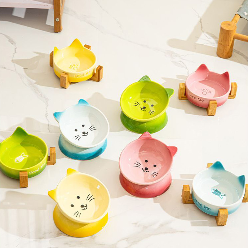 Wholesale Ceramic Pet Cat Face Bowls Feeder With Bamboo Holder