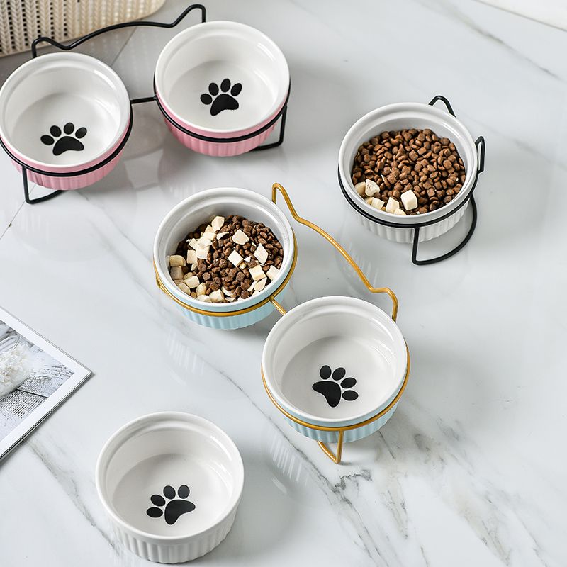 Wholesale Ceramic Pet Cat Bowls Paw Silk Print With Metal Stand