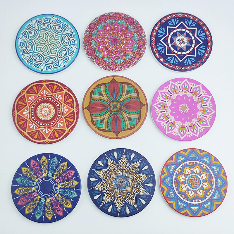 Wholesale Custom Ceramic Coaster Mandala Design With Cork