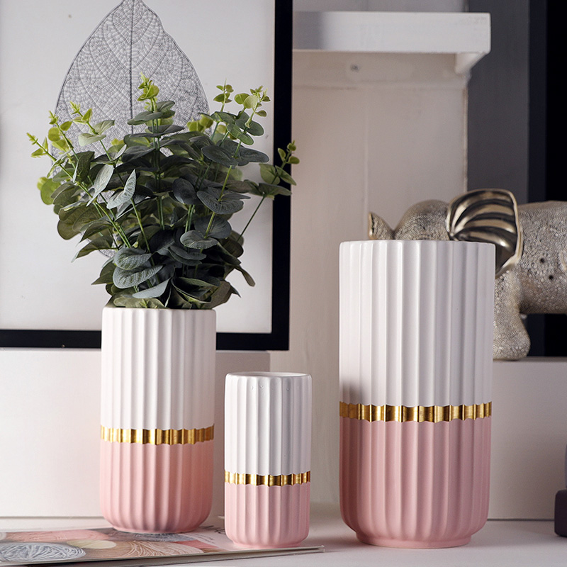 Wholesale Custom Ceramic Vase Pink Golden Line Flower Pots